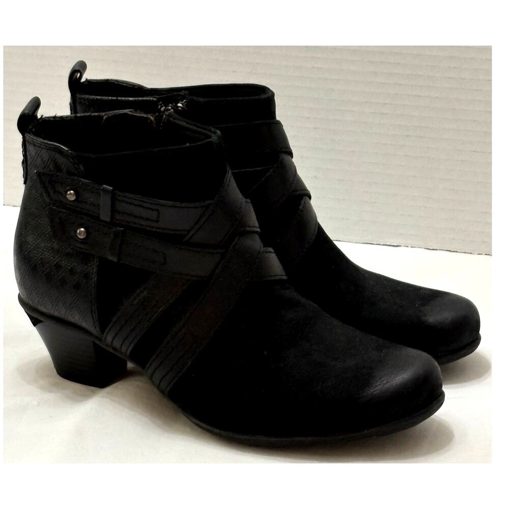 EARTH Ankle Booties-Emerald Black Perforated Leather & Suede-Straps-Womens 6.5